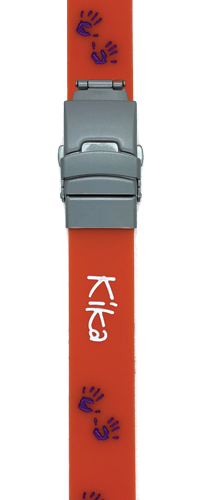 De Safe-iD SOS KiKa armband in de herkenbare oranje kleur oranje en logo De Safe-iD SOS KiKa armband in de herkenbare oranje kleur oranje en logo