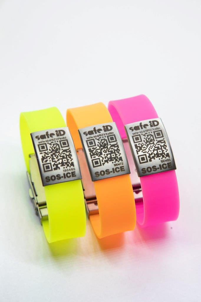 De Safe-iD SOS armband Fluo Geel, Oranje en Roze De Safe-iD SOS armband Fluo Geel, Oranje en Roze